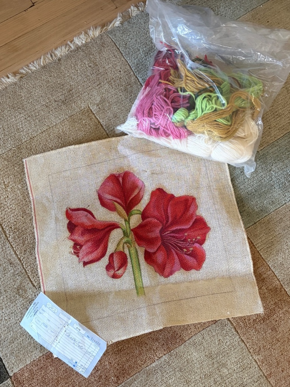 1976 Mazeltov's Needlepoint 14 x 14 Amaryllis Flower Yarn canvas needle receipt